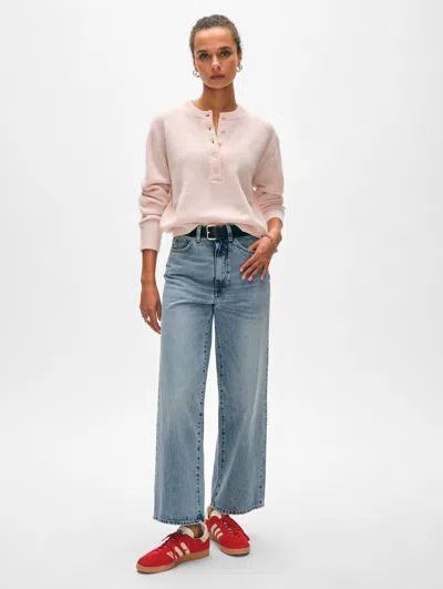 White + Warren Cashmere Rib Trim Henley Sweater In Pink Sand