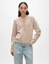 White + Warren Cashmere Rib Trim Henley Sweater In Sand Wisp Heather In Sand Wisp Heather
