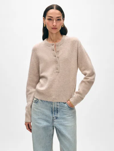 White + Warren Cashmere Rib Trim Henley Sweater In Sand Wisp Heather