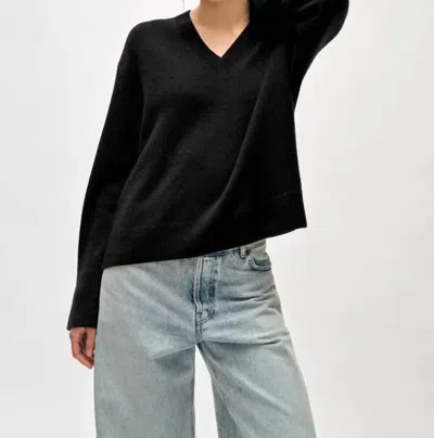 White + Warren Cashmere Rib Trim V Neck Sweater In Black
