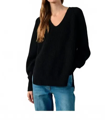 White + Warren Cashmere Ribbed Blouson Sleeve V Neck Sweater In Black