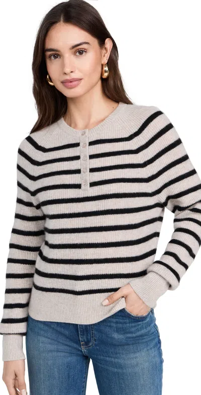 White + Warren Cashmere Ribbed Striped Henley Sweater In Sandwisp/black In Sandwisp/black