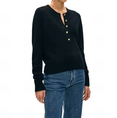 White + Warren Cashmere Ribbed Gold Button Henley In Black
