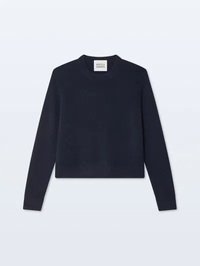 White + Warren Cashmere Ribbed Trim Crewneck Top In Deep Navy Blue