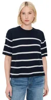 White + Warren Cashmere Roll Trim T-shirt Sweater In Deep Navy Blue/soft White In Deep Navy/soft White