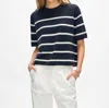 White + Warren Cashmere Roll Trim T-shirt Sweater In Deep Navy Blue/soft White In Blue