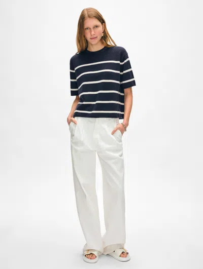 White + Warren Cashmere Roll Trim T-shirt Sweater In Deep Navy Blue/soft White