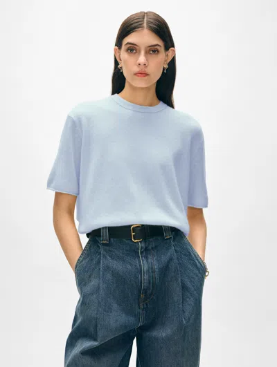 White + Warren Cashmere Roll Trim T-shirt Sweater In Pale Blue Mist