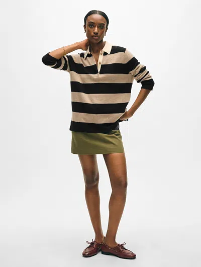 White + Warren Cashmere Rugby Stripe Polo Sweater In Taupe/black In Multi