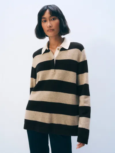 White + Warren Cashmere Rugby Stripe Polo Taupe & Black Sweater