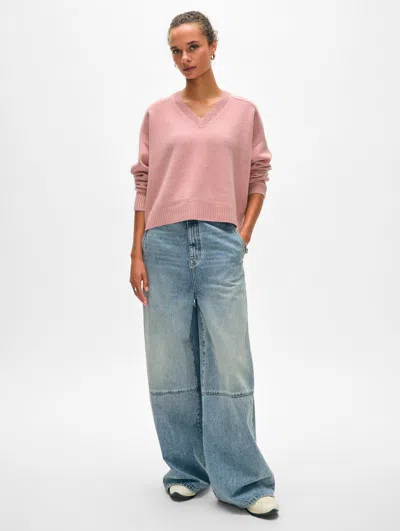 White + Warren Cashmere Saddle Shoulder V Neck Sweater In Faded Rose