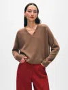 White + Warren Cashmere Saddle Shoulder V Neck Sweater In Saddle Brown In Saddle Brown