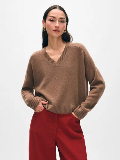 White + Warren Cashmere Saddle Shoulder V Neck Sweater In Saddle Brown