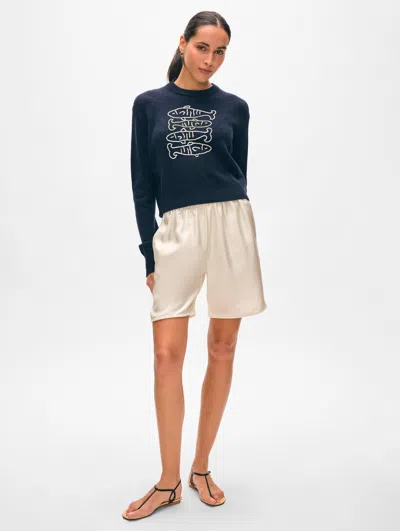 White + Warren Cashmere Sardine Embroidered Crewneck Top In Deep Navy Blue Combo