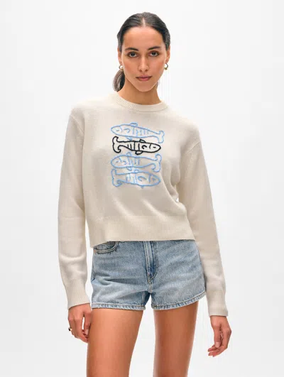 White + Warren Cashmere Sardine Embroidered Crewneck Top In Soft White Combo