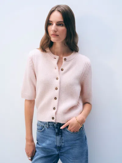 White + Warren Cashmere Short Sleeve Cardigan Pink Sand Sweater In Neutral