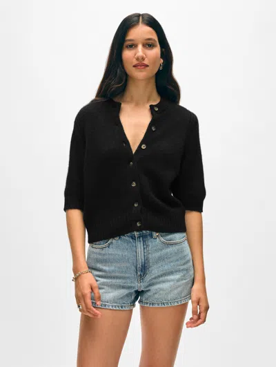 White + Warren Cashmere Short Sleeve Cardigan Sweater In Black