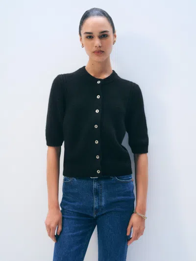White + Warren Cashmere Short Sleeve Cardigan Sweater In Black In Green