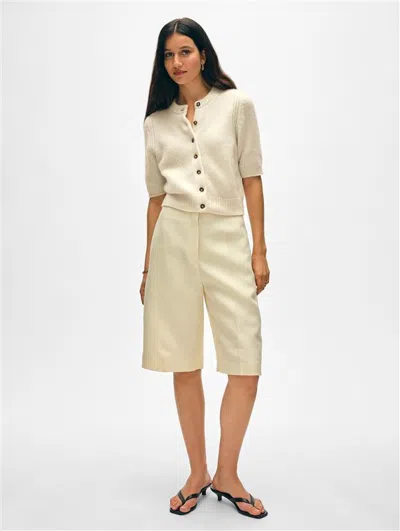 White + Warren Cashmere Short Sleeve Cardigan Sweater In Feather In Neutral