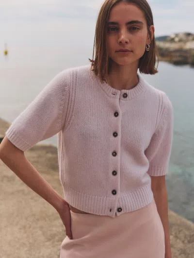 White + Warren Cashmere Short Sleeve Cardigan Sweater In Pink Sand