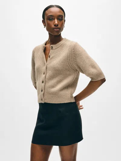 White + Warren Cashmere Short Sleeve Cardigan Sweater In Taupe Heather In Brown
