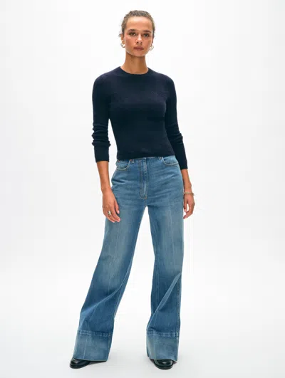 White + Warren Cashmere Slim Crewneck Top In Deep Navy Blue