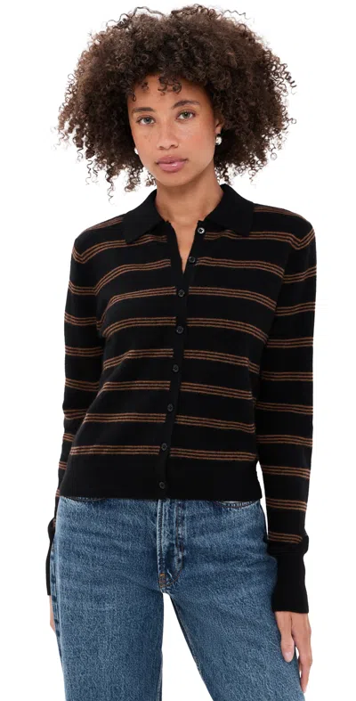 White + Warren Cashmere Striped Cardigan Black/cedarwood