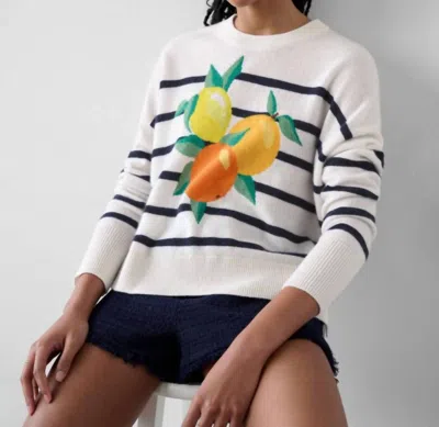 Pre-owned White + Warren Cashmere Striped Citrus Crewneck For Women In Deep Navy & Soft White
