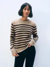 White + Warren Cashmere Striped Crewneck Khaki & Black Top In Neutral