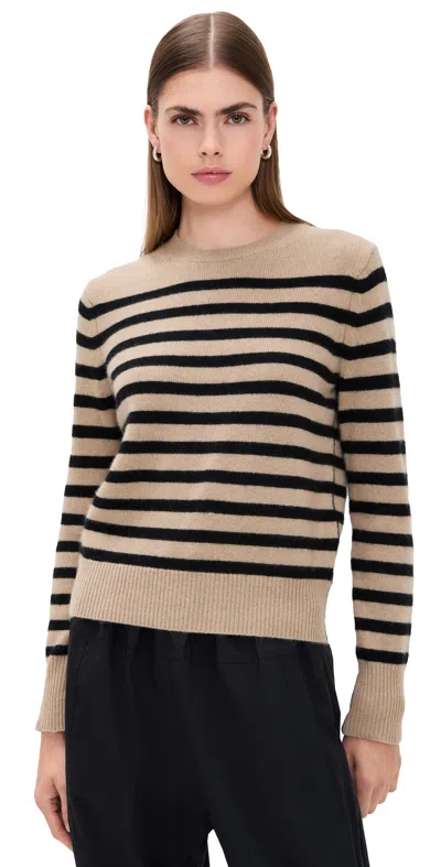 WHITE + WARREN CASHMERE STRIPED CREWNECK KHAKI/BLACK