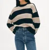 White + Warren Cashmere Striped Crewneck Sweater In Black/natural In Black