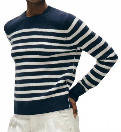 White + Warren Cashmere Striped Crewneck Sweater In Deep Navy/soft White In Blue