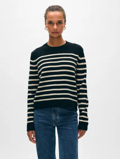 White + Warren Cashmere Striped Crewneck Top In Black/natural