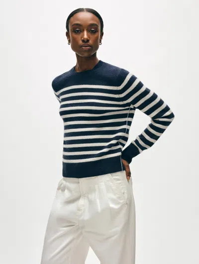 White + Warren Cashmere Striped Crewneck Top In Deep Navy Blue/soft White In Multi