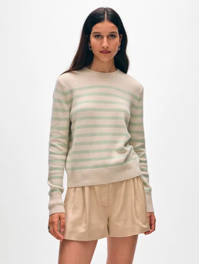 White + Warren Cashmere Striped Crewneck Top In Natural Heather/mint