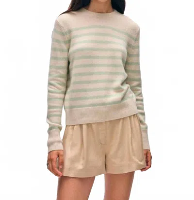 White + Warren Cashmere Striped Crewneck Top In Natural Heather/mint In Neutral