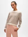 White + Warren Cashmere Striped Crewneck Top In Natural/saddle Brown In Natural/saddle Brown
