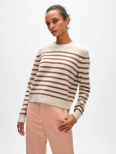 White + Warren Cashmere Striped Crewneck Top In Natural/saddle Brown