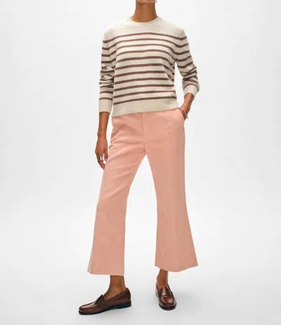 WHITE + WARREN CASHMERE STRIPED CREWNECK TOP IN NATURAL/SADDLE BROWN