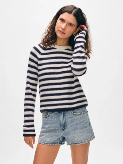 White + Warren Cashmere Striped Sweatshirt In Soft White Combo