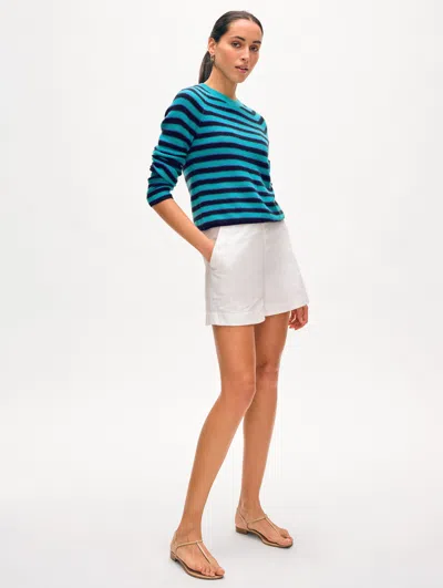 White + Warren Cashmere Striped Sweatshirt In Turquoise Sea Combo
