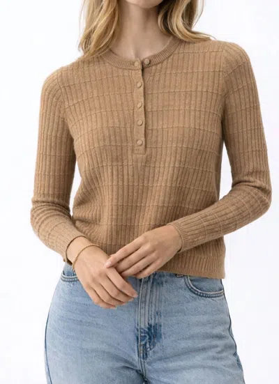 White + Warren Cashmere Textured Henley Sweater In Taupe Heather In Brown