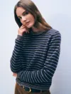 White + Warren Cashmere Textured Stripe Crewneck Top In Blue Combo In Blue