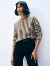 White + Warren Cashmere Textured Stripe Crewnweck Neutral Combo Sweater In Brown