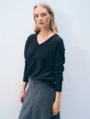 White + Warren Cashmere V Neck In Deep Navy Blue In Blue