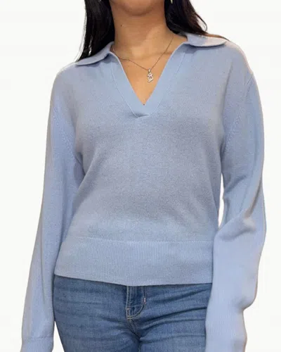 White + Warren Cashmere V-neck Polo Long Sleeve Top In Icy Blue