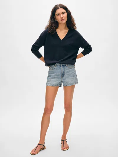 White + Warren Cashmere V Neck Sweater In Deep Navy Blue