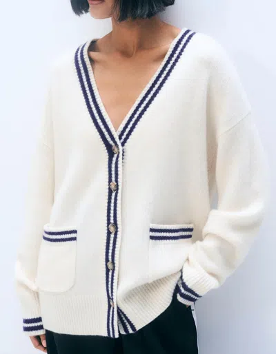 White + Warren Cashmere Varsity Cardigan Sweater In Soft White Deep Navy