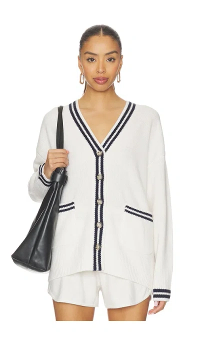 White + Warren Cashmere Varsity Cardigan In Soft White & Deep Navy