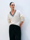 White + Warren Cashmere Varsity V Neck Soft White & Deep Navy Sweater In Black